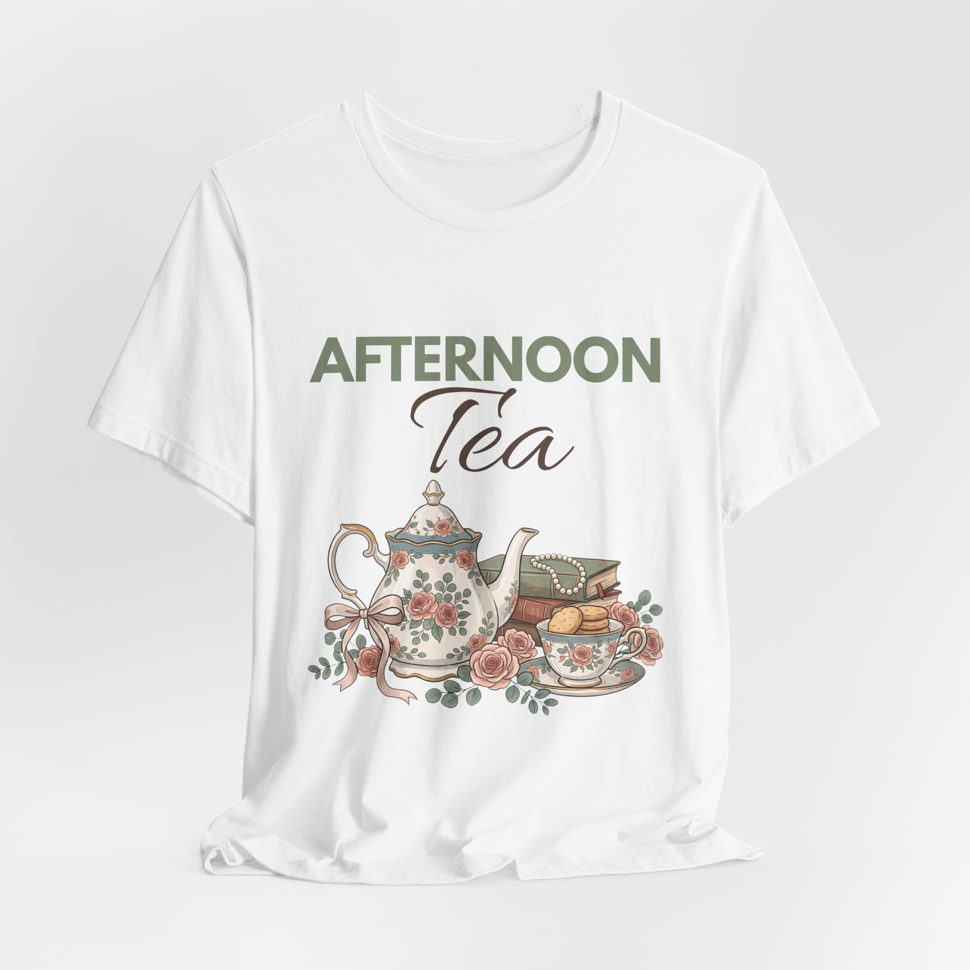 A hanging white t-shirt with 'AFTERNOON Tea' on the front.