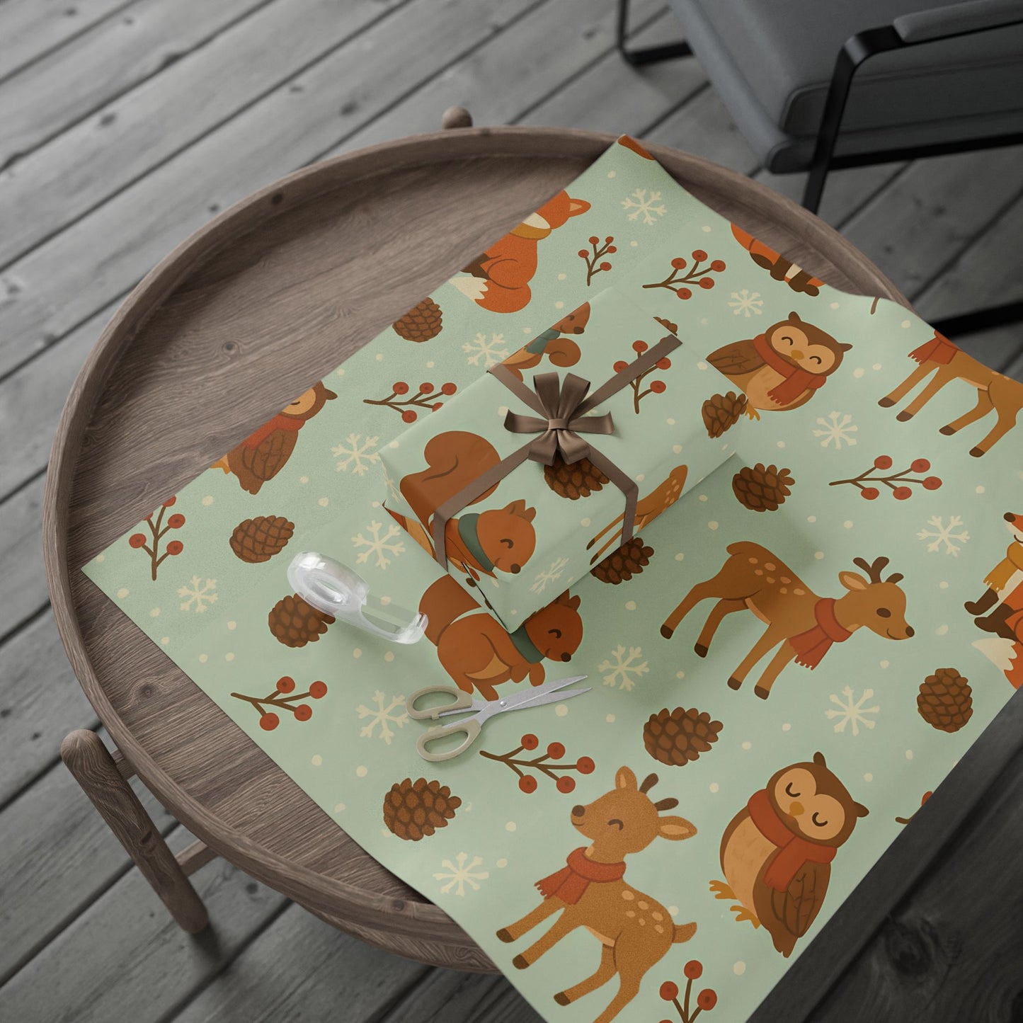 Woodland Winter Friends Wrapping Paper – Fox, Deer, Owl & Squirrel in Cozy Scarves