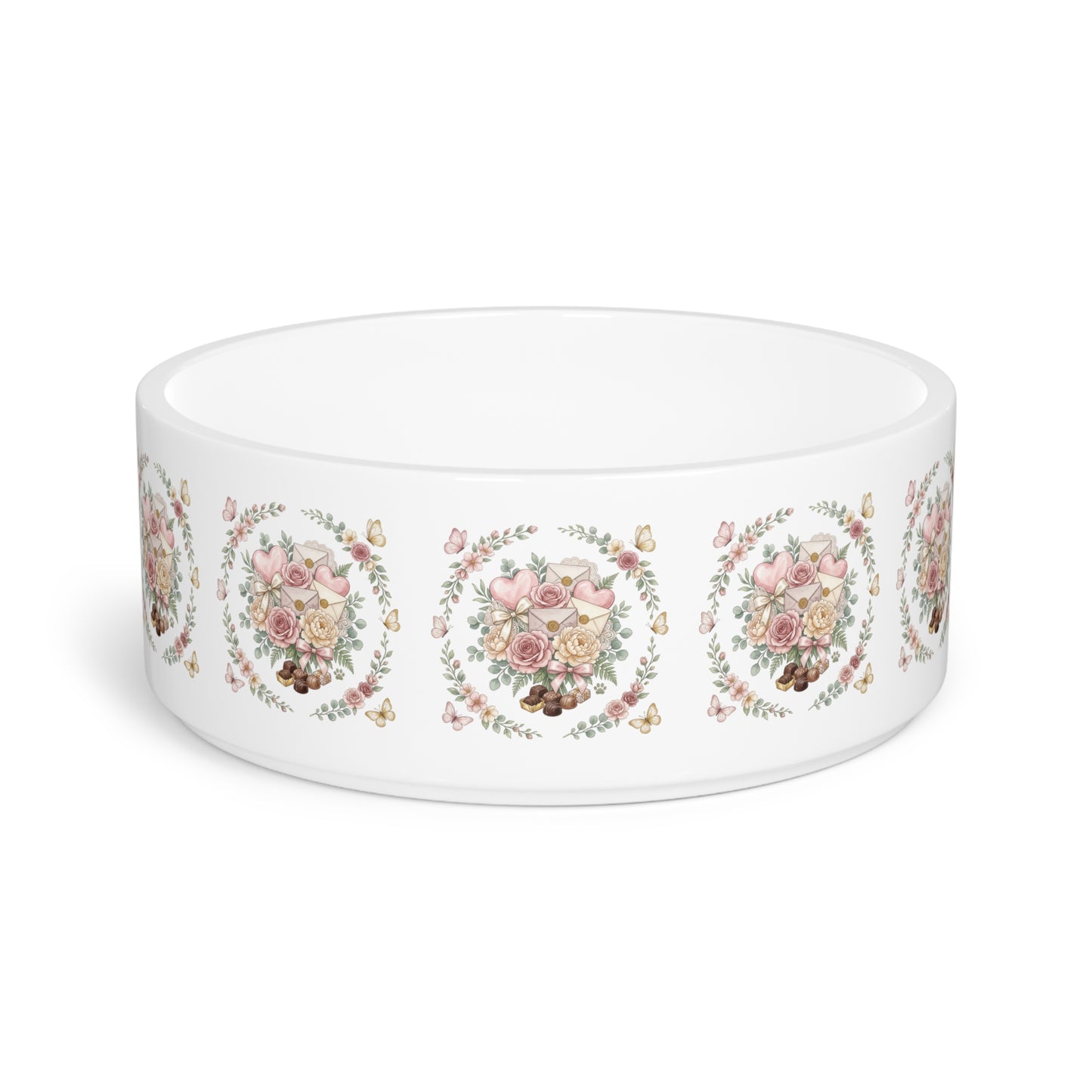 Floral Wreath Pet Bowl — Ceramic Dog Food Dish with Vintage Rose Design