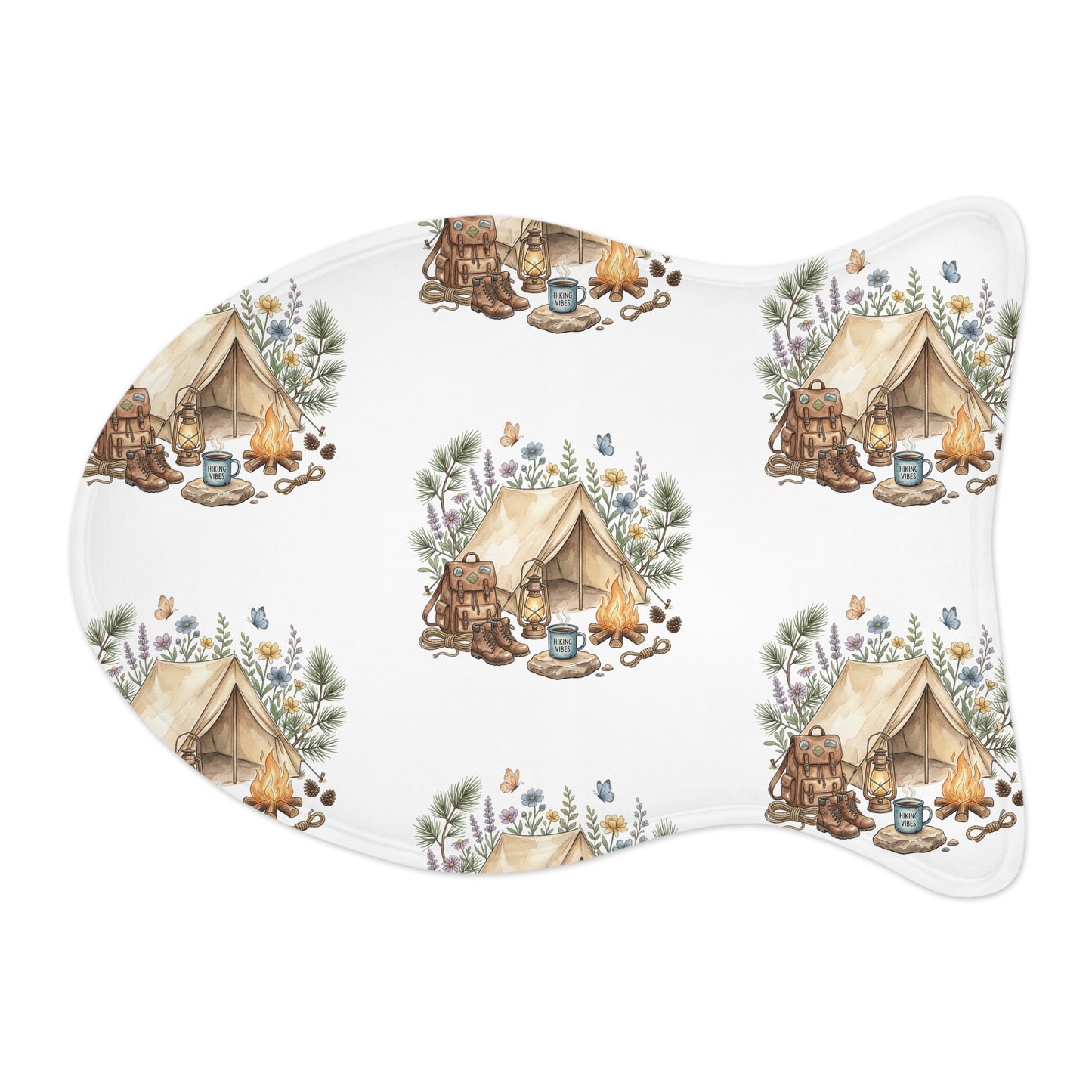 Camping Adventure Pet Feeding Mat — Waterproof Dog Bowl Placemat with Tent & Campfire Design