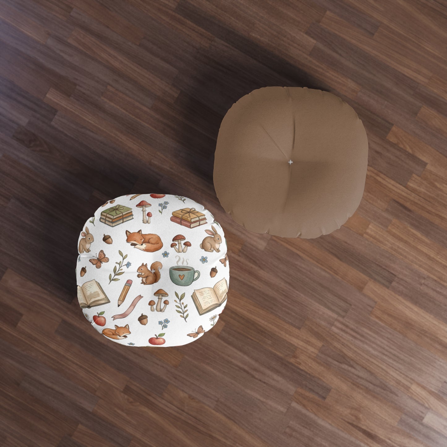 Round Tufted Floor Pillow — Cozy Woodland Reading Pattern