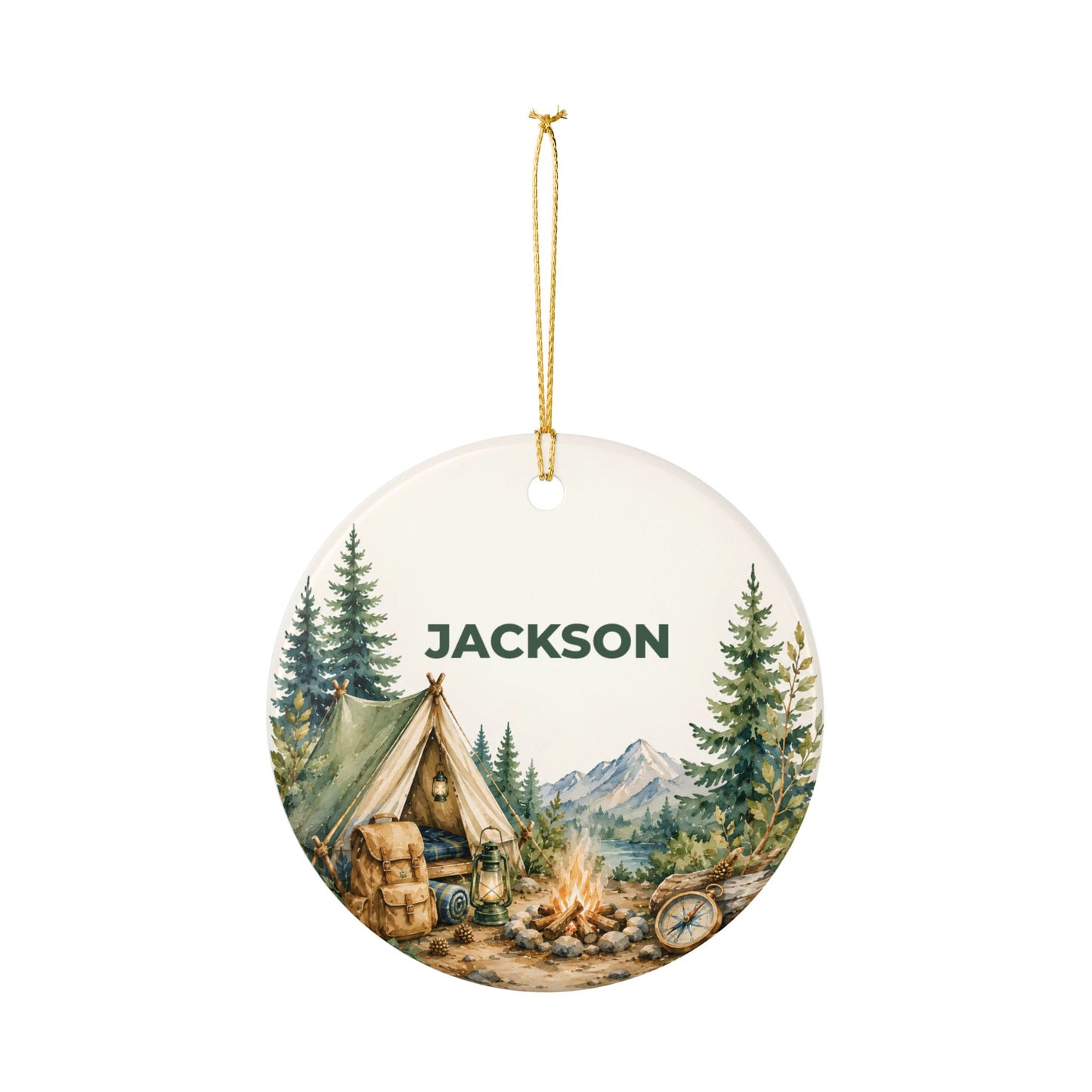 Personalized Camping Ornament — Custom Name Ceramic Holiday Decoration (Jackson)