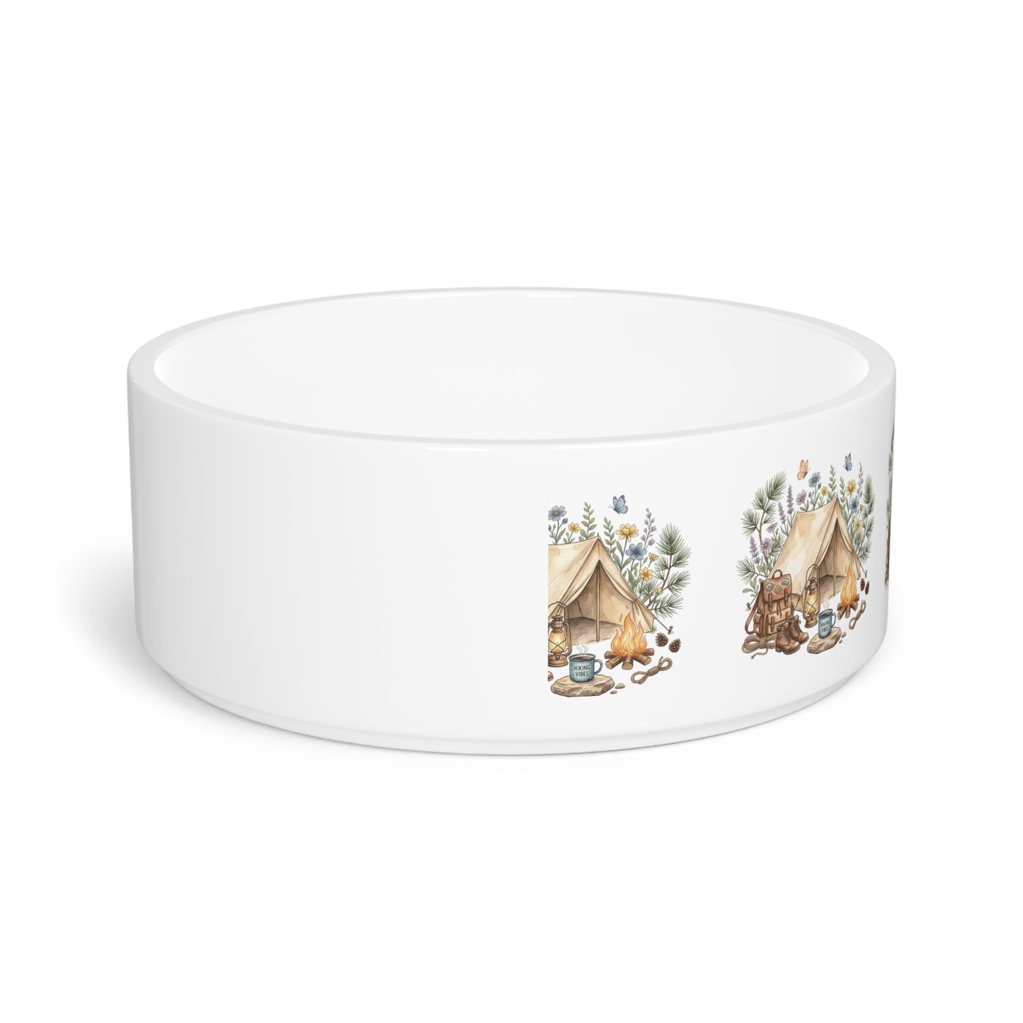 Camping Pet Bowl — Cute Tent & Campfire Design Ceramic Dog Food Bowl