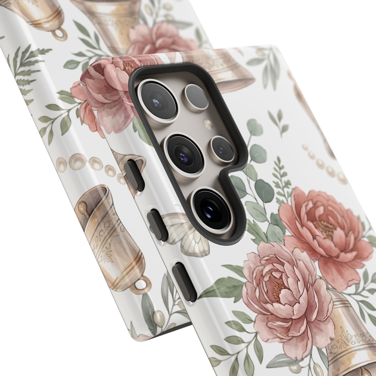 Floral Wedding Bells Phone Case — Vintage Roses, Butterflies & Bow Protective Tough Case