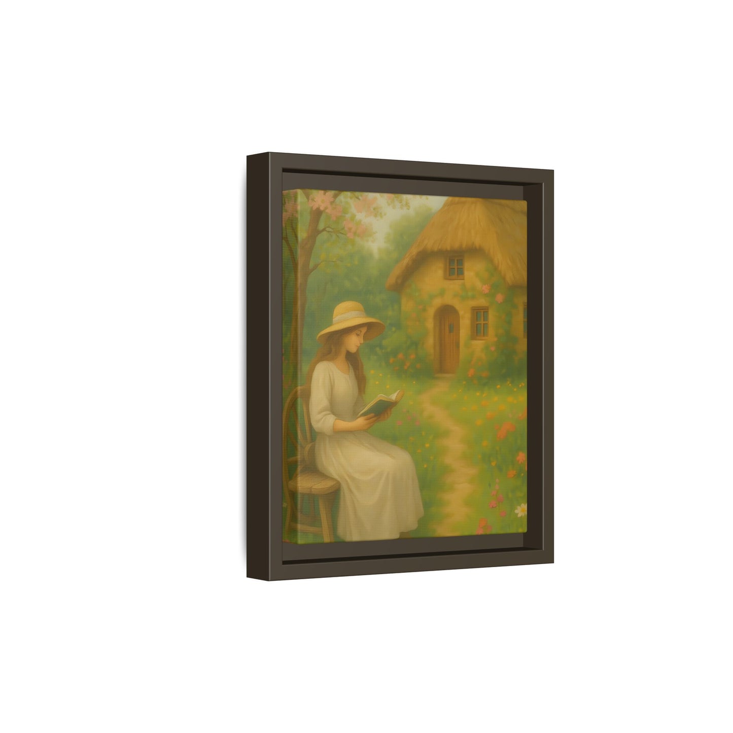 Cottage Garden Reader – Framed Matte Canvas Wall Art of Woman Reading by a Thatched Cottage