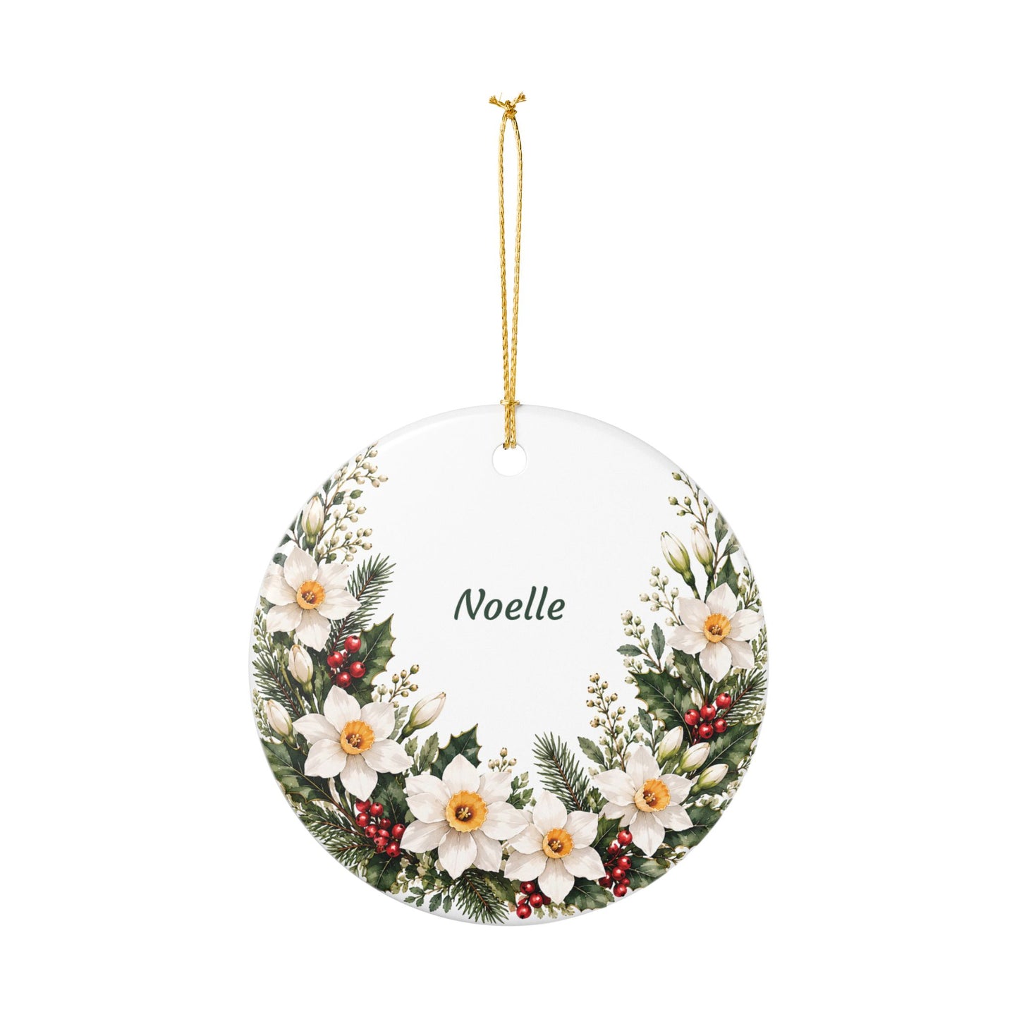 Personalized Ceramic Ornament — White Poinsettia & Berry Holiday Decoration