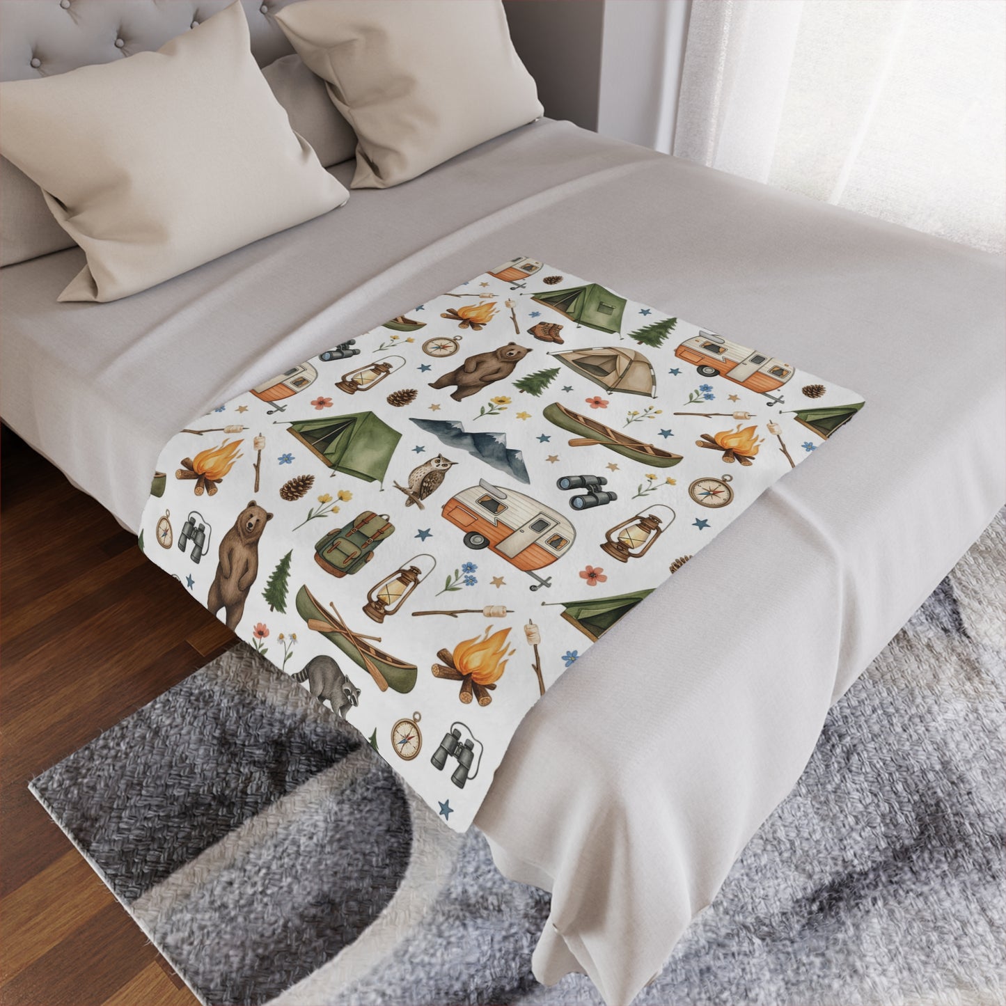 Camping Pattern Minky Blanket — Cozy Outdoor Adventure Throw with Tents, Campfire & Wildlife