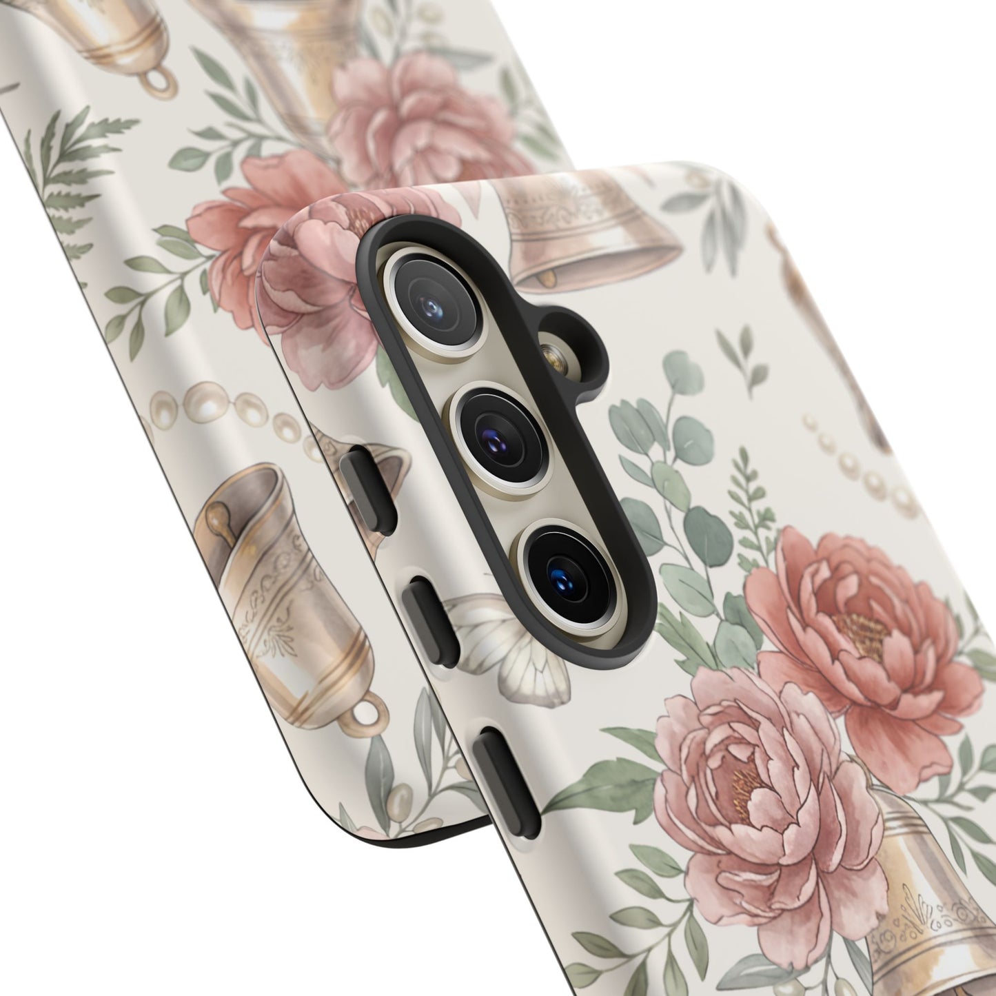 Floral Wedding Bells Phone Case — Vintage Roses, Butterflies & Bow Protective Tough Case