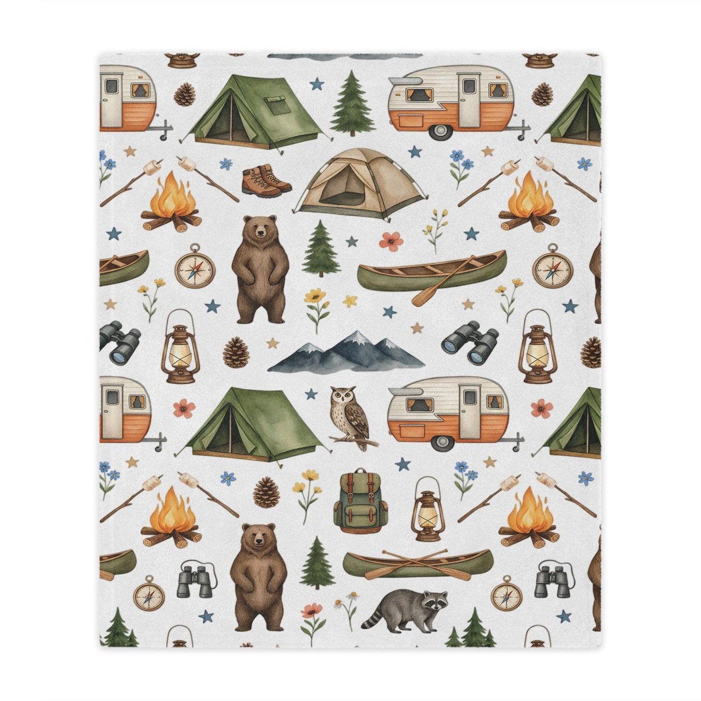 Camping Pattern Minky Blanket — Cozy Outdoor Adventure Throw with Tents, Campfire & Wildlife