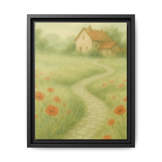 Poppy Path to Home – Framed Matte Canvas of Cottage & Flower Field Landscape