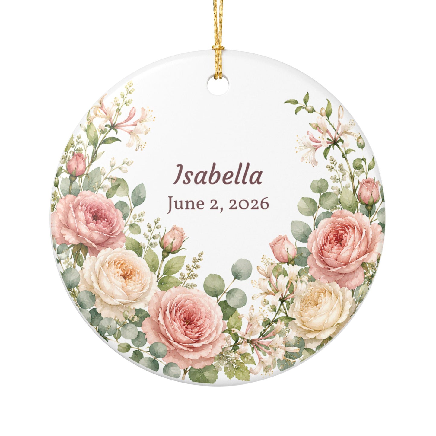 Personalized Floral Ceramic Ornament – Custom Name & Date (Isabella, June 2, 2026)