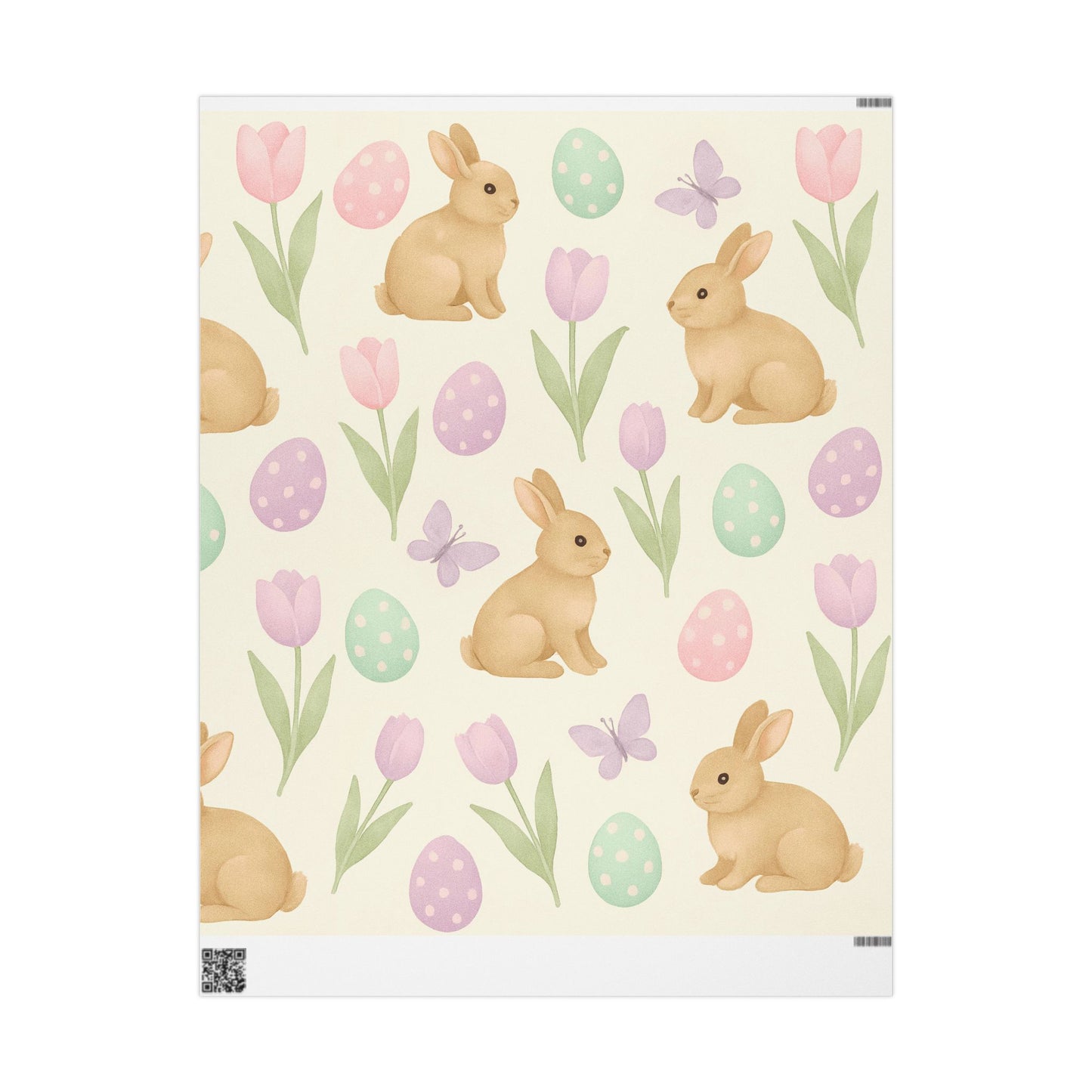 Pastel Easter Wrapping Paper – Bunnies, Eggs, Tulips & Butterflies on Cream Background