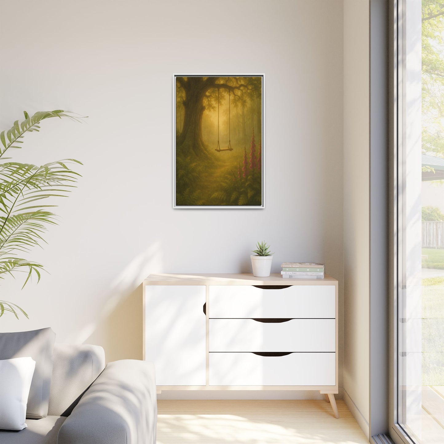 Golden Forest Swing – Framed Matte Canvas Woodland Wall Art