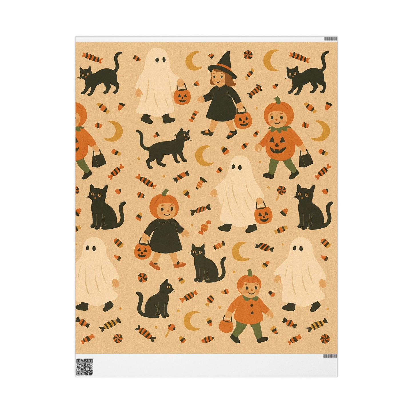 Vintage Halloween Wrapping Paper – Cute Ghosts, Witches, and Black Cats on Parchment Background