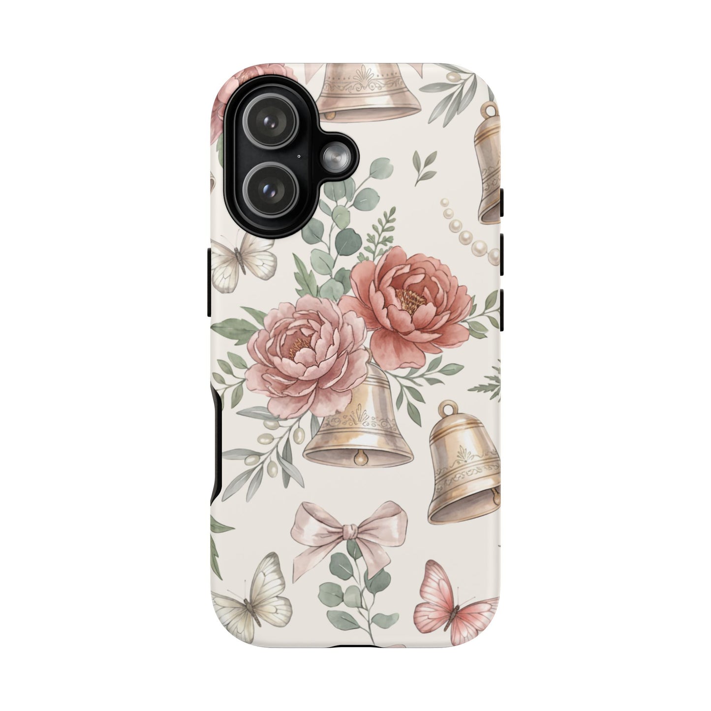 Floral Wedding Bells Phone Case — Vintage Roses, Butterflies & Bow Protective Tough Case
