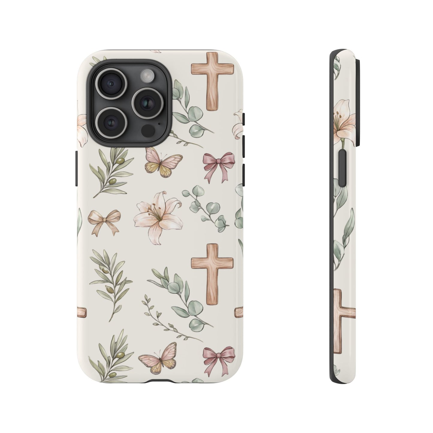 Floral Cross Tough Phone Case — Pastel Butterflies & Bows Christian Design