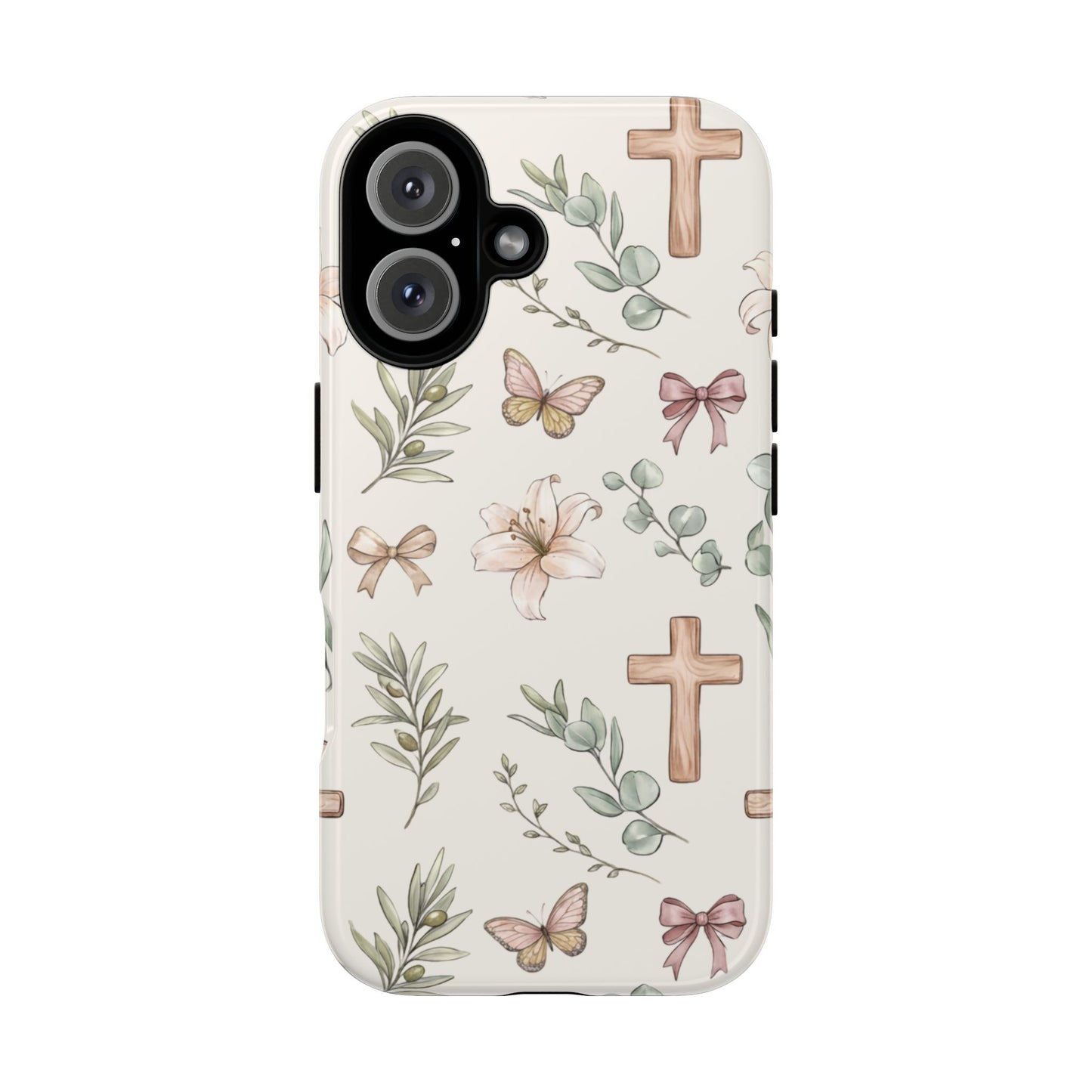 Floral Cross Tough Phone Case — Pastel Butterflies & Bows Christian Design