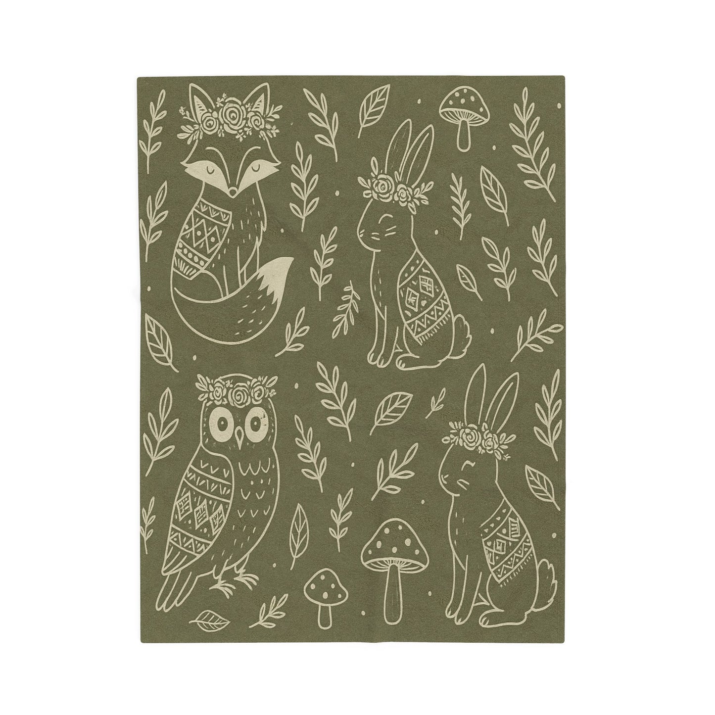 Boho Woodland Animal Velveteen Plush Blanket – Forest Green