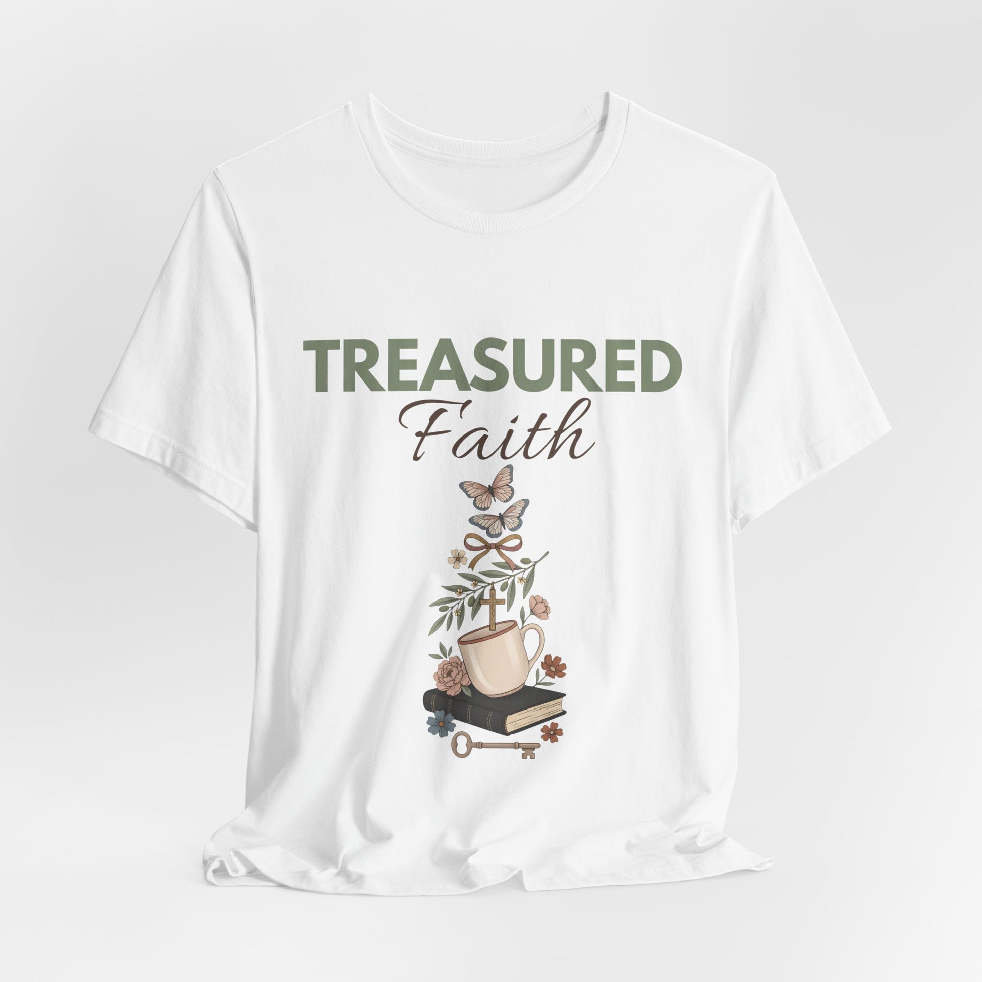 White t-shirt with 'Treasured Faith' design on a light gray background