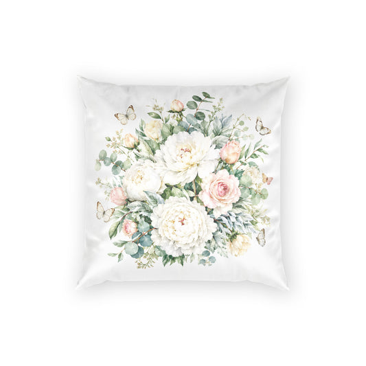Floral Velvet Pillow — Soft White Peony Bouquet Throw Pillow