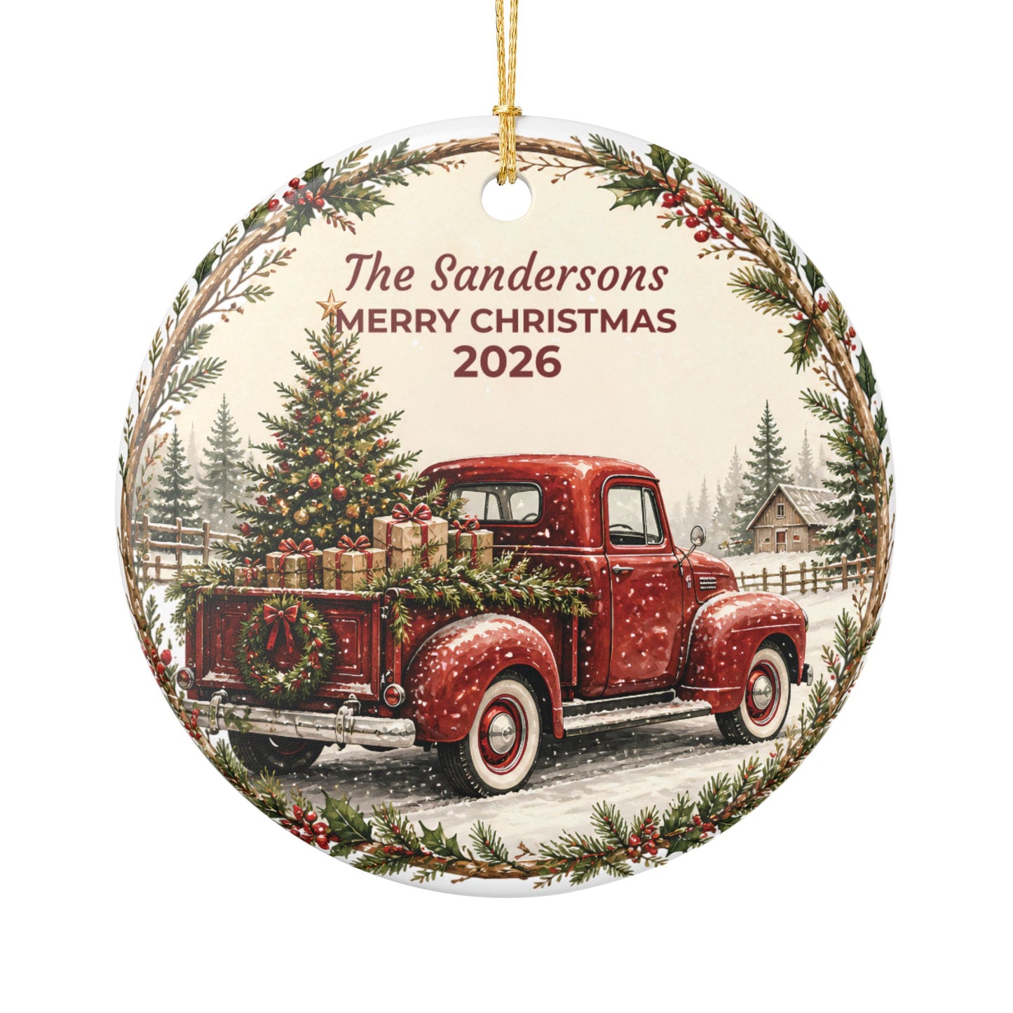 Personalized Ceramic Christmas Ornament — Vintage Red Truck "The Sandersons Merry Christmas"