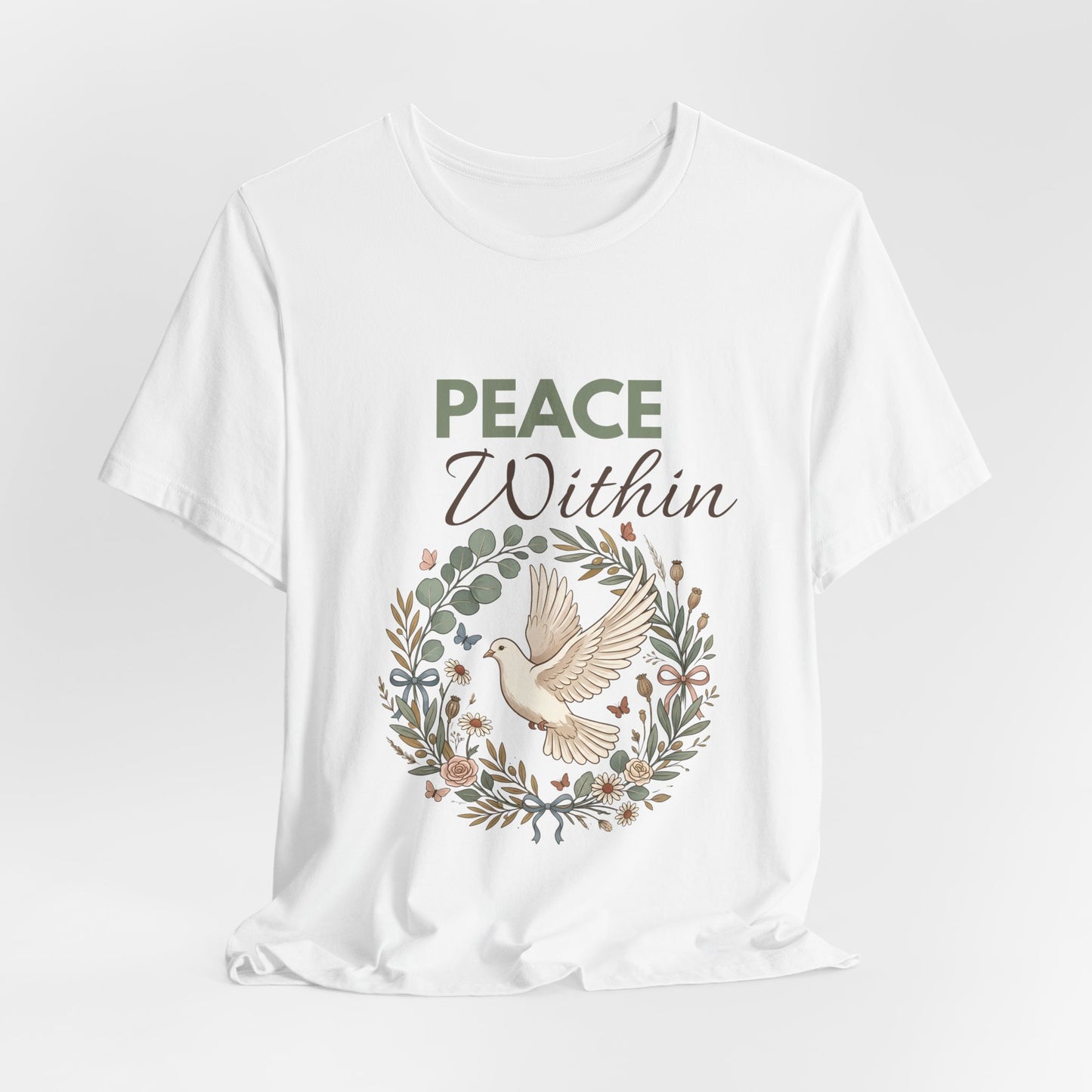 White t-shirt with 'Peace Within' text and dove design on a white background