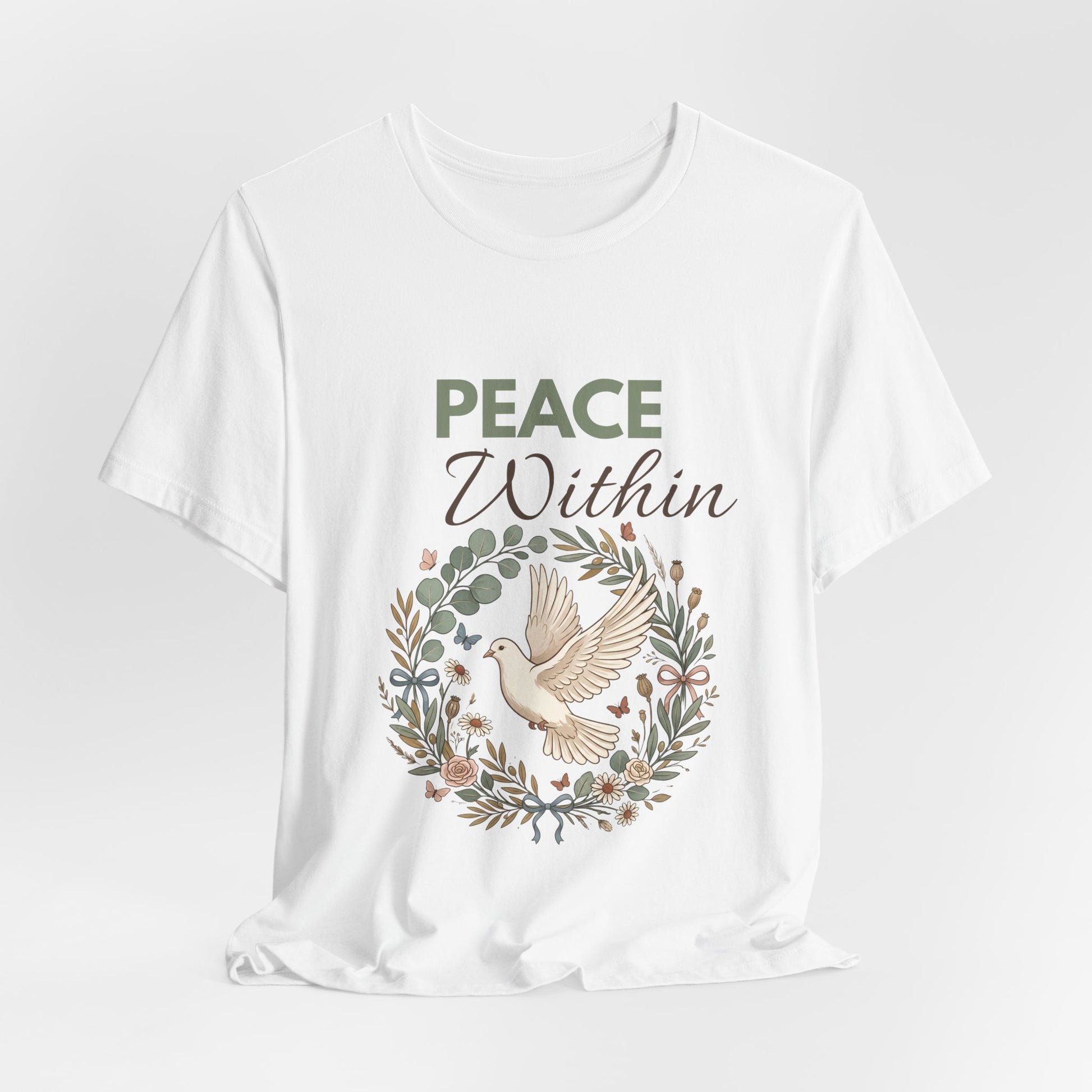 White t-shirt with 'Peace Within' text and dove design on a white background