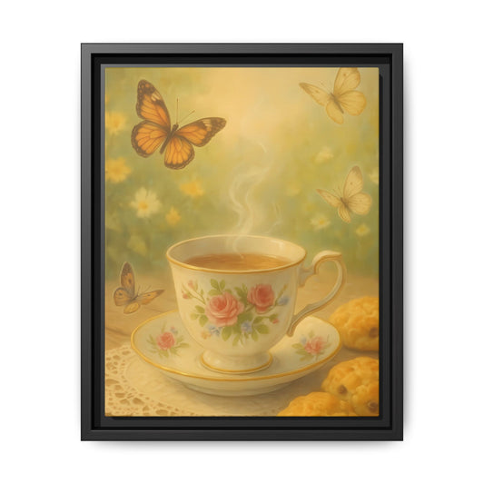 Tea & Butterflies – Framed Matte Canvas of Vintage Teacup and Garden Scene