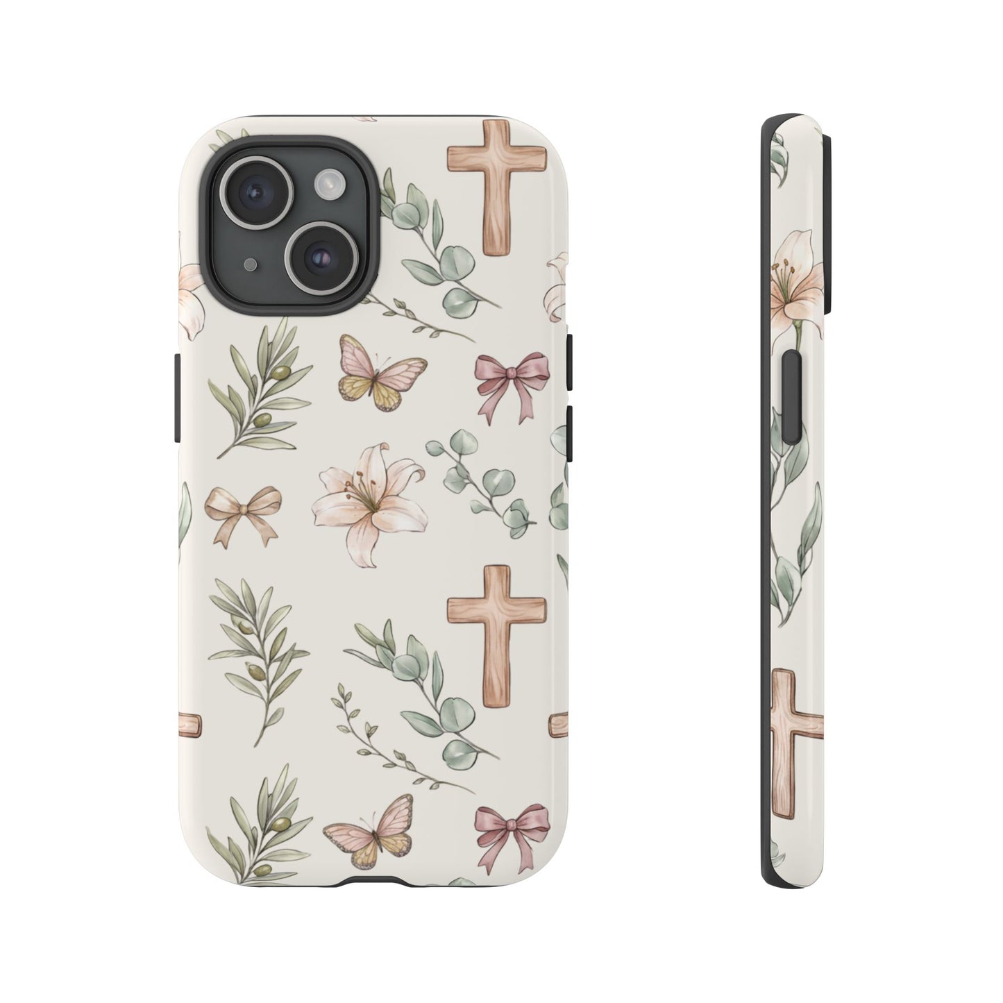 Floral Cross Tough Phone Case — Pastel Butterflies & Bows Christian Design