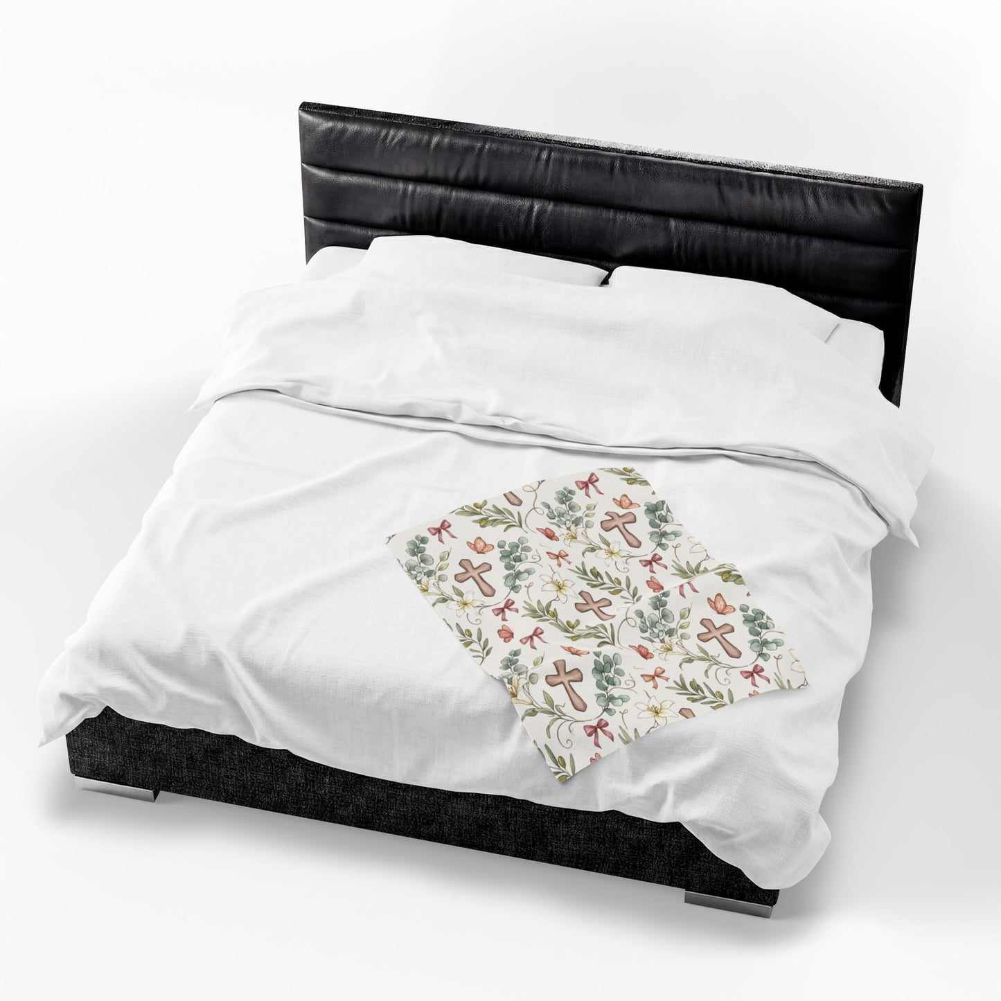 Religious Floral Cross Velveteen Plush Blanket — Soft Christian Comfort Throw