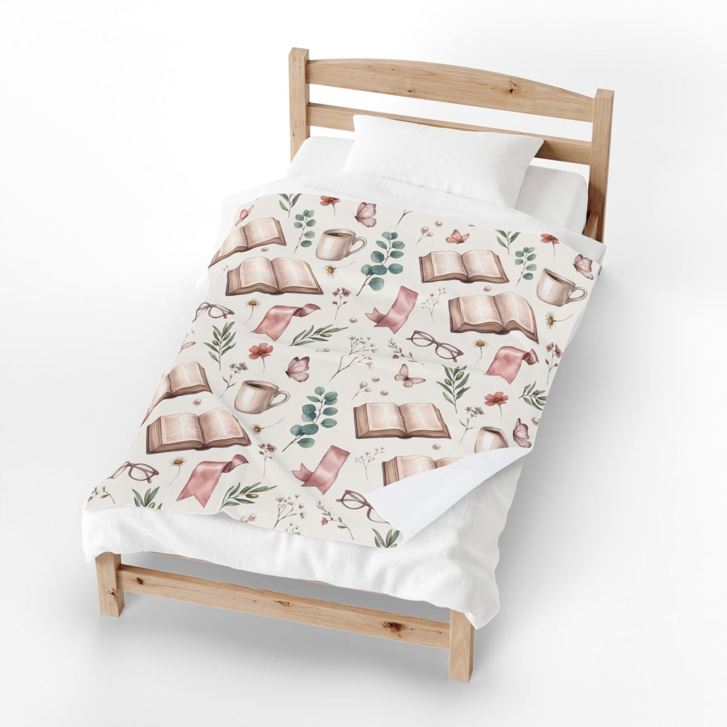 Cozy Reading Velveteen Blanket – Book, Mug & Floral Pattern Plush Throw