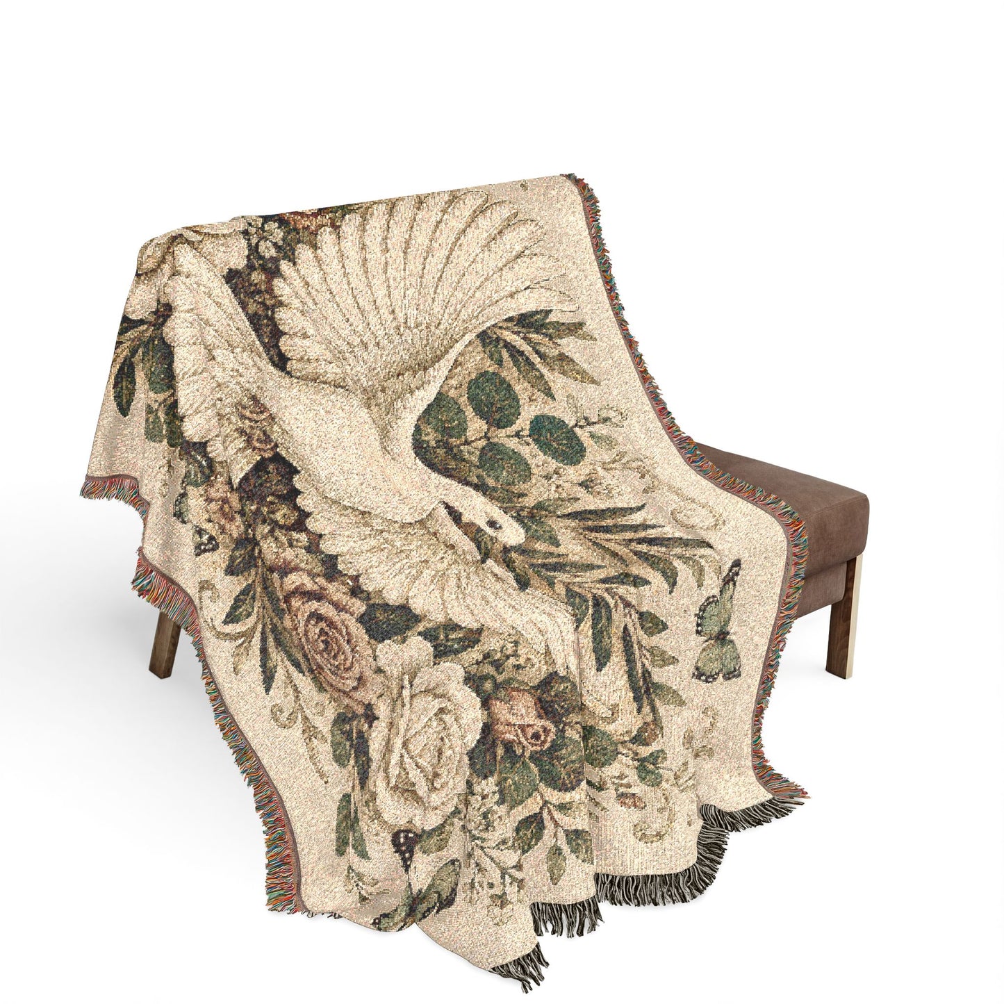 Dove Floral Woven Blanket — Decorative Throw for Living Room, Spiritual Comfort & Memorial Gift