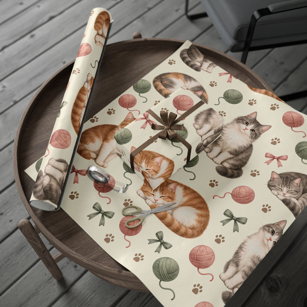 Cat & Yarn Pattern Wrapping Paper Roll — Cute Kitty Gift Wrap for Pet Lovers