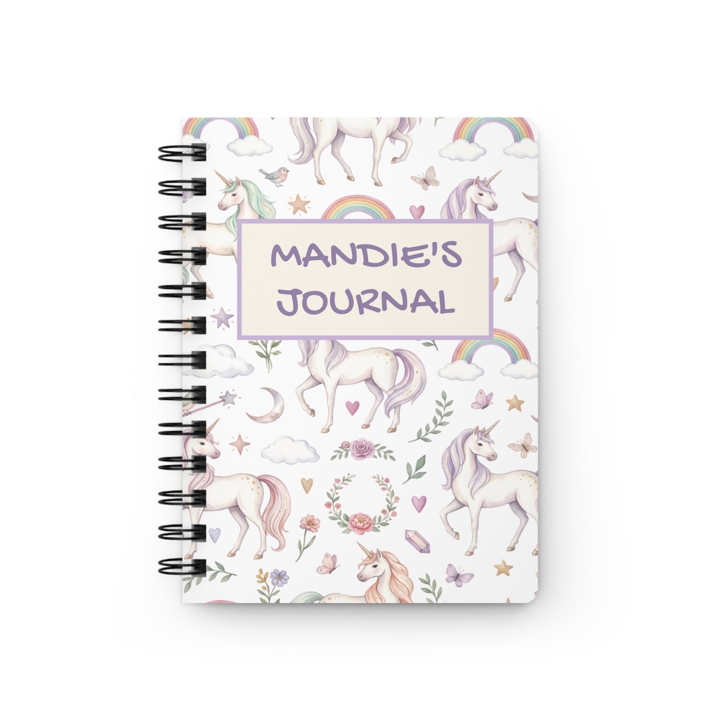 Personalized Unicorn Spiral Journal — "Mandie’s Journal" Cute Pastel Notebooks for Kids & Teens