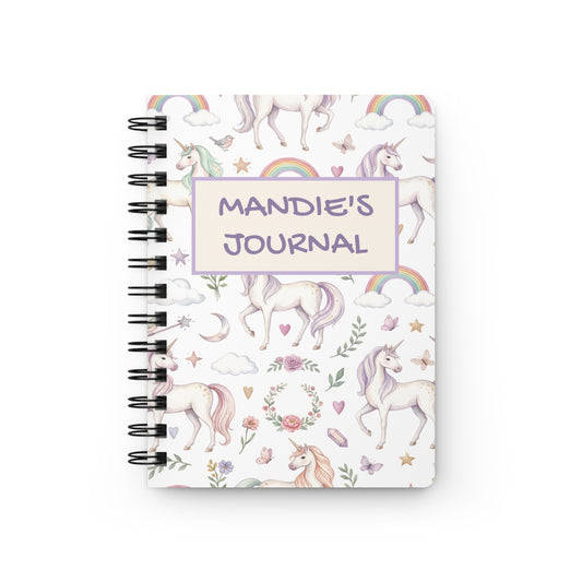 Personalized Unicorn Spiral Journal — "Mandie’s Journal" Cute Pastel Notebooks for Kids & Teens