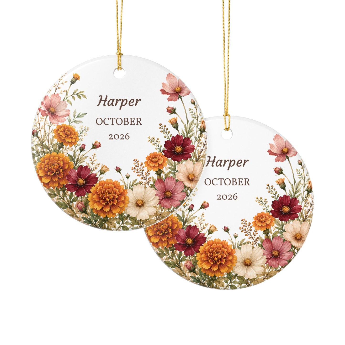 Personalized Floral Birth Month Ceramic Ornament — Custom Name & Year (October 2026)