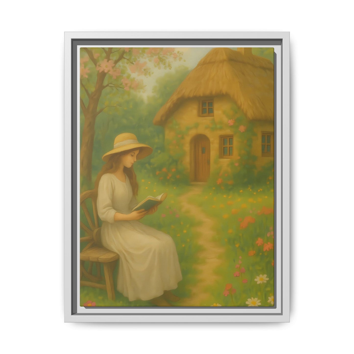 Cottage Garden Reader – Framed Matte Canvas Wall Art of Woman Reading by a Thatched Cottage