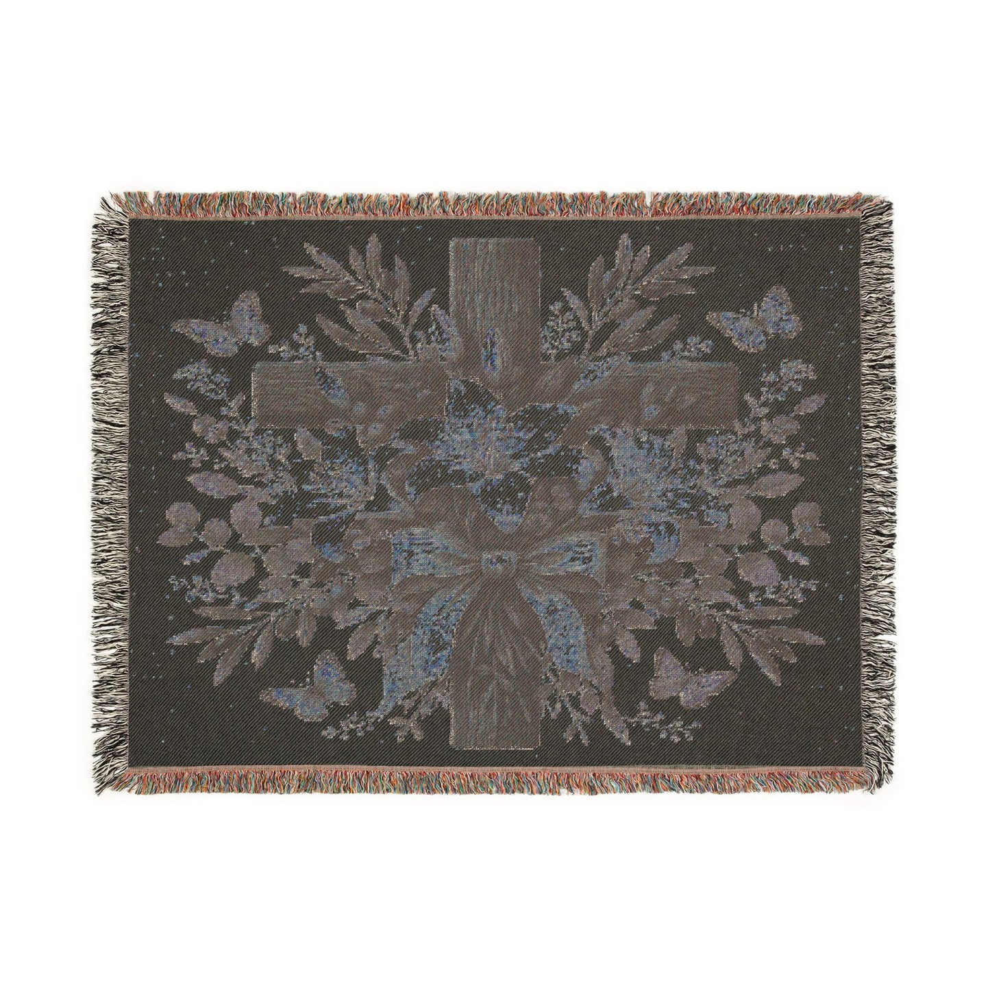 Woven Blanket — Floral Cross Tapestry Throw (Easter / Religious Home Décor)