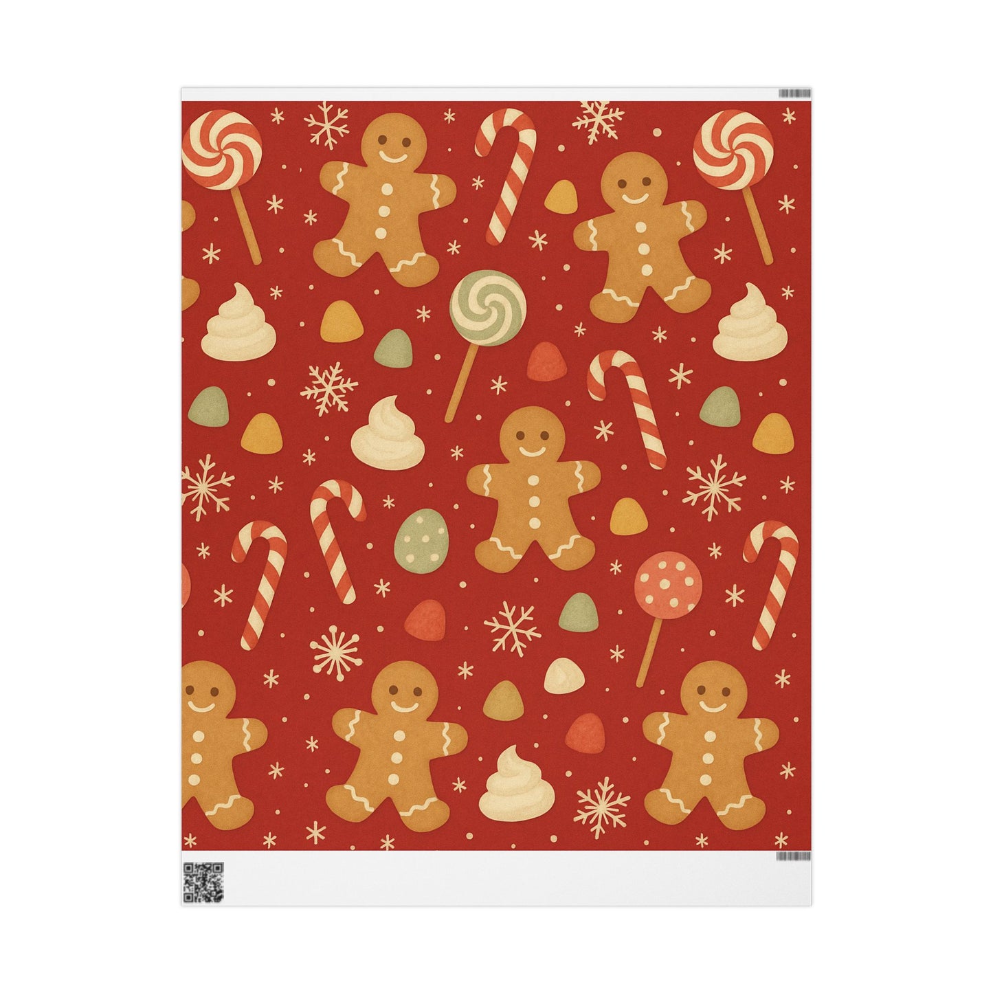 Gingerbread Christmas Wrapping Paper – Candy Canes, Gumdrops & Snowflakes on Red