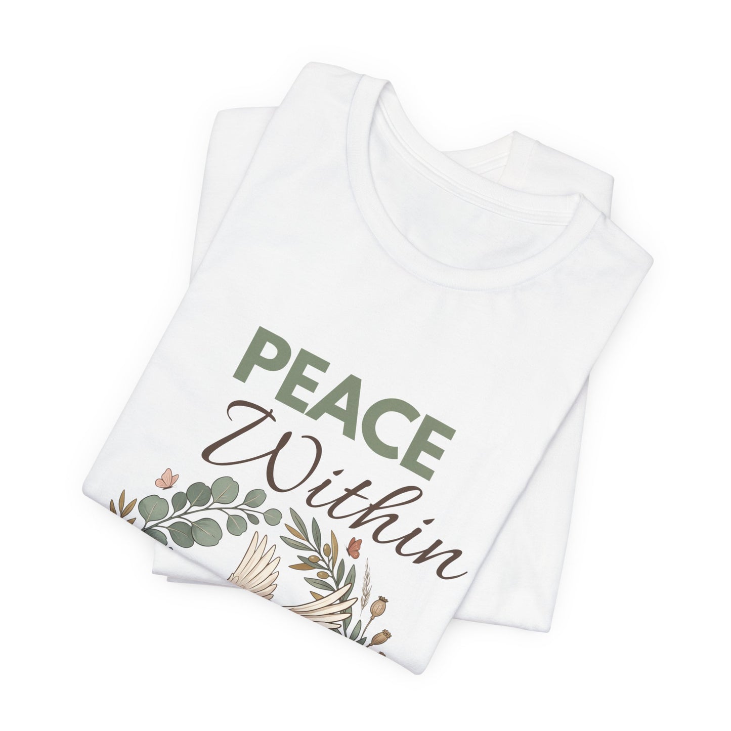 Folded white t-shirts with 'Peace Within' text and floral design on a white background