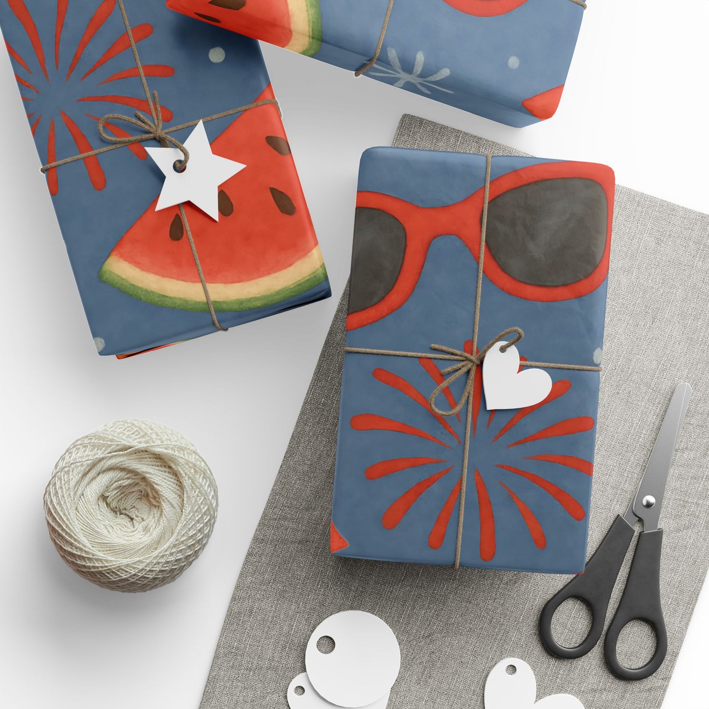 Summer BBQ Wrapping Paper – Watermelon, Hot Dogs & Fireworks on Blue