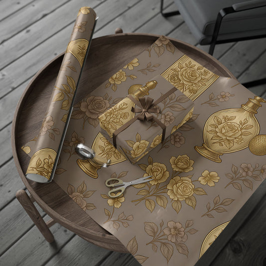 Vintage Perfume Bottle Wrapping Paper – Elegant Gold Floral Gift Wrap in Glossy or Matte