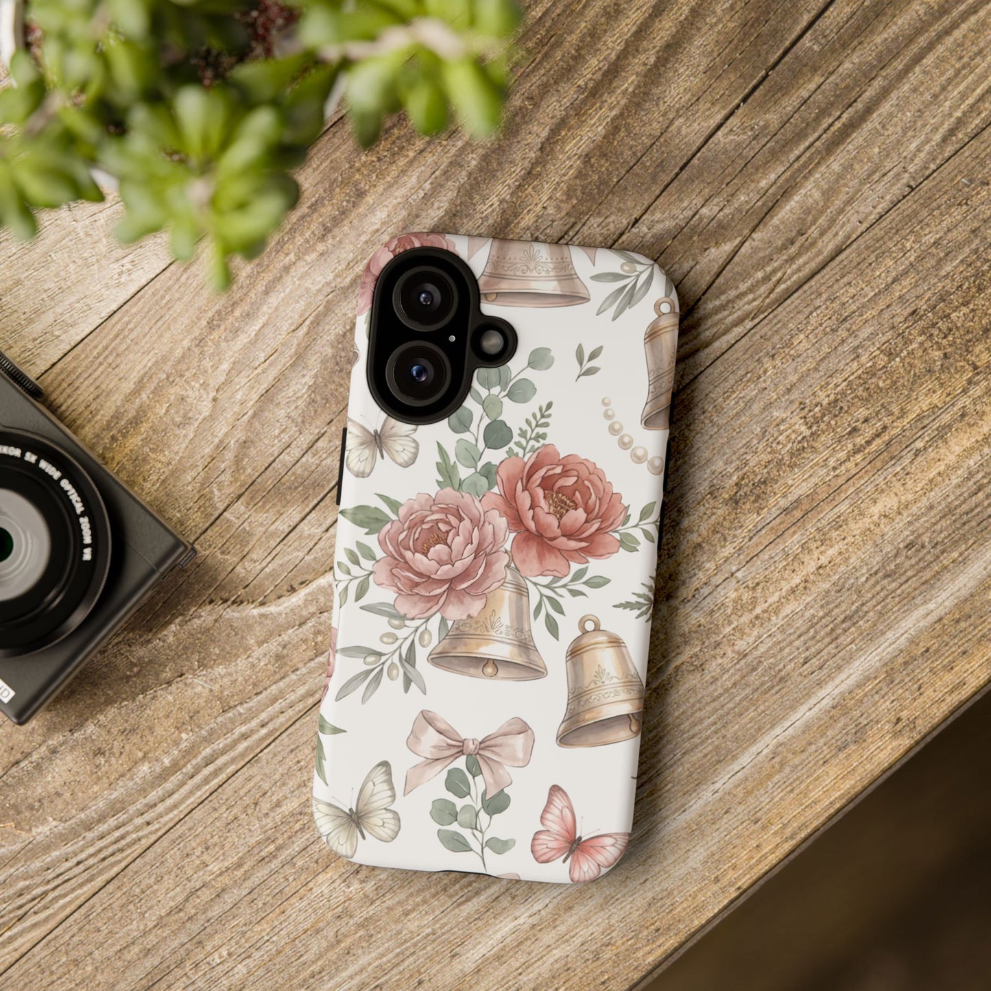 Floral Wedding Bells Phone Case — Vintage Roses, Butterflies & Bow Protective Tough Case