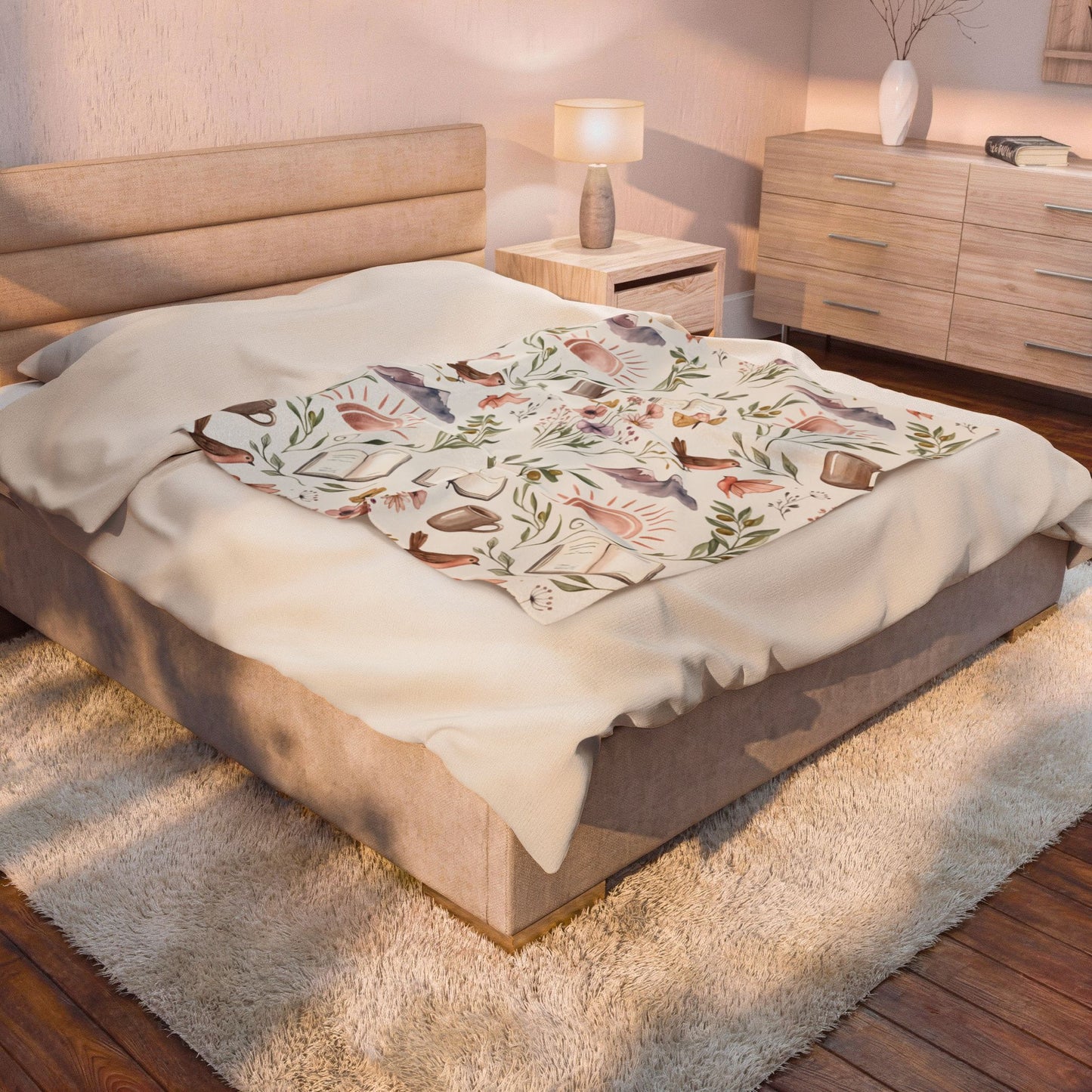 Cozy Bookish Floral Velvet Plush Blanket — Sun, Mountains & Tea Pattern