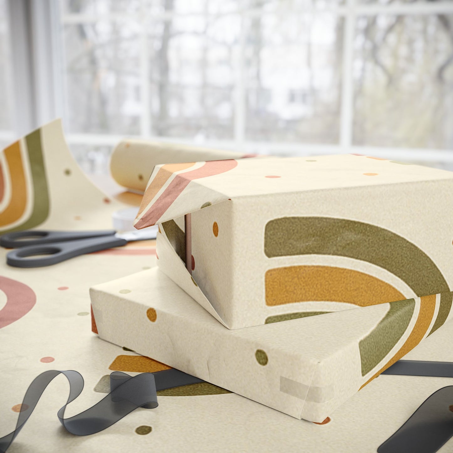 Boho Rainbow Wrapping Paper – Earth Tone Arches & Dots on Neutral Background