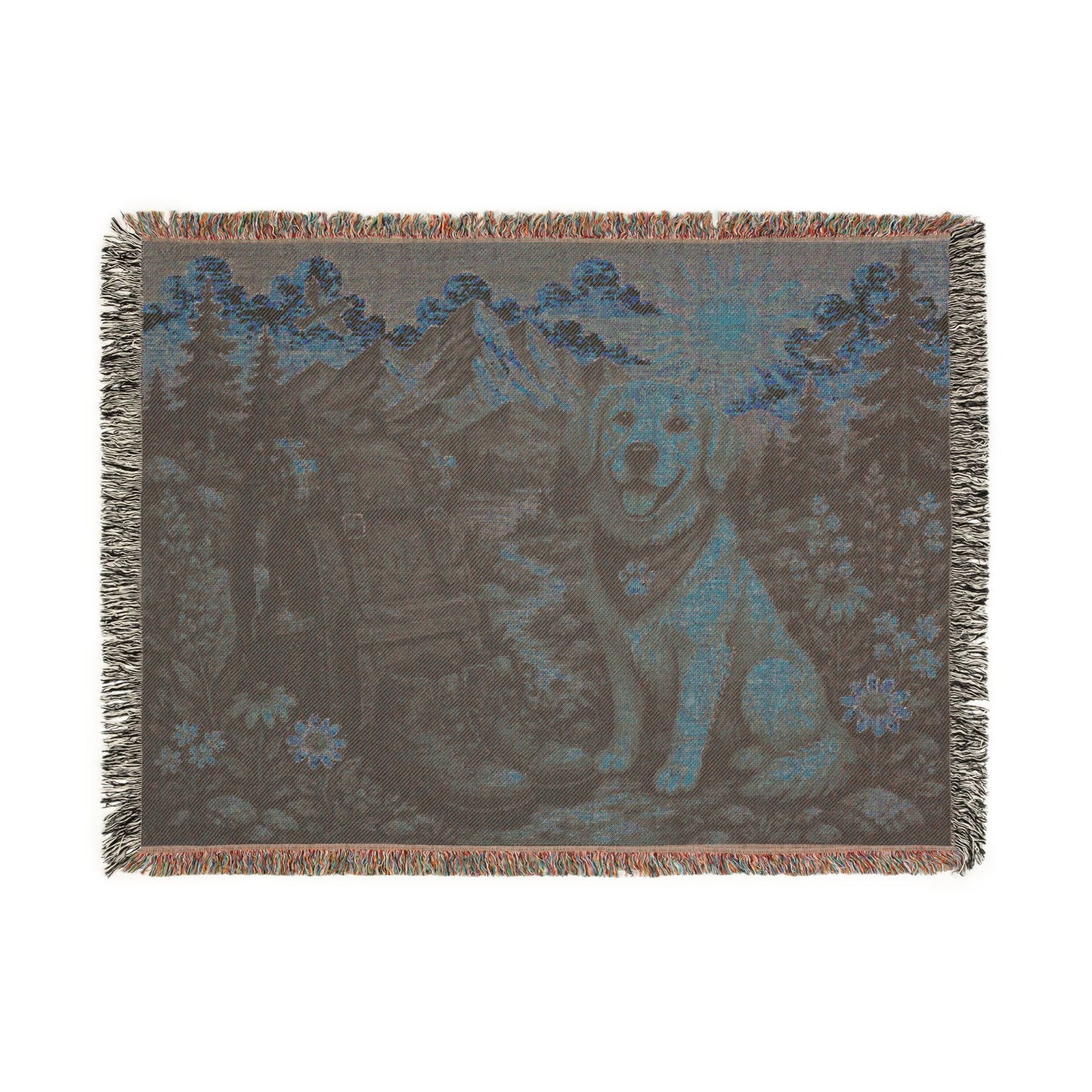 Golden Retriever Cabin Woven Blanket — Rustic Mountain Dog Throw
