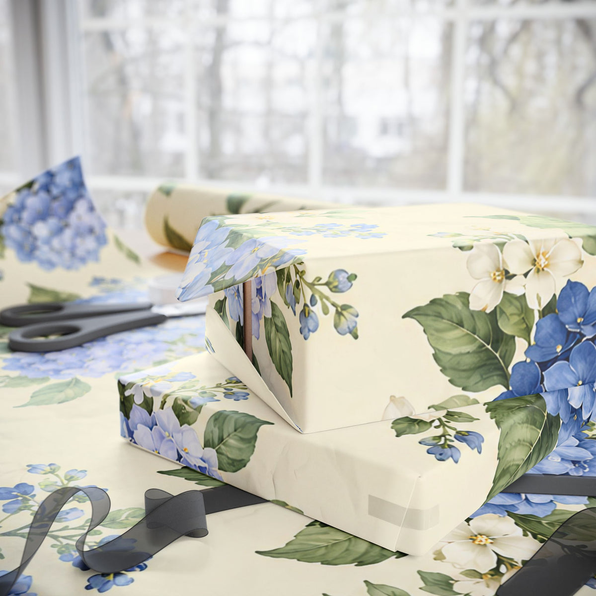 Floral Hydrangea Wrapping Paper Roll — Blue Vintage Flower Gift Wrap
