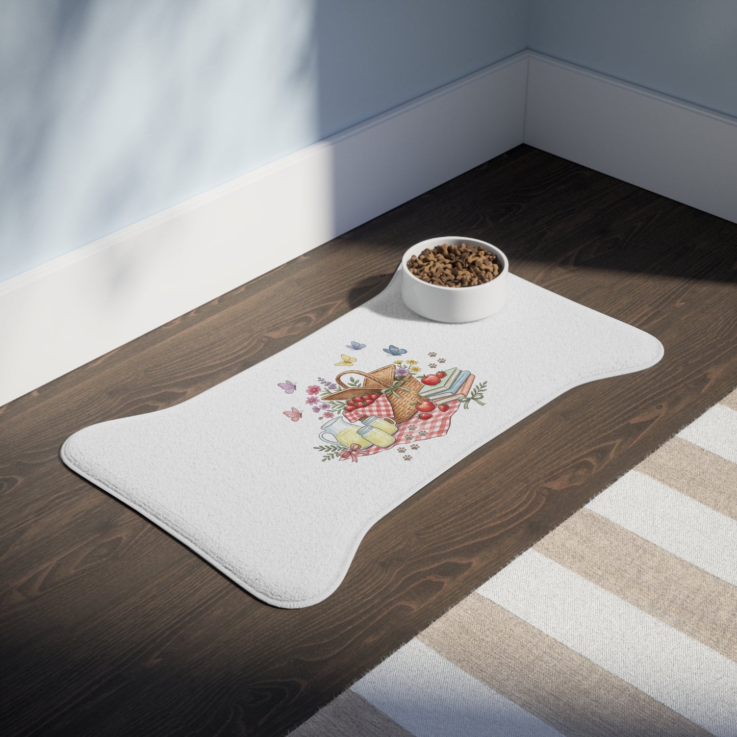 Picnic Basket Pet Feeding Mat — Cute Floral & Butterfly Dog Bowl Placemat
