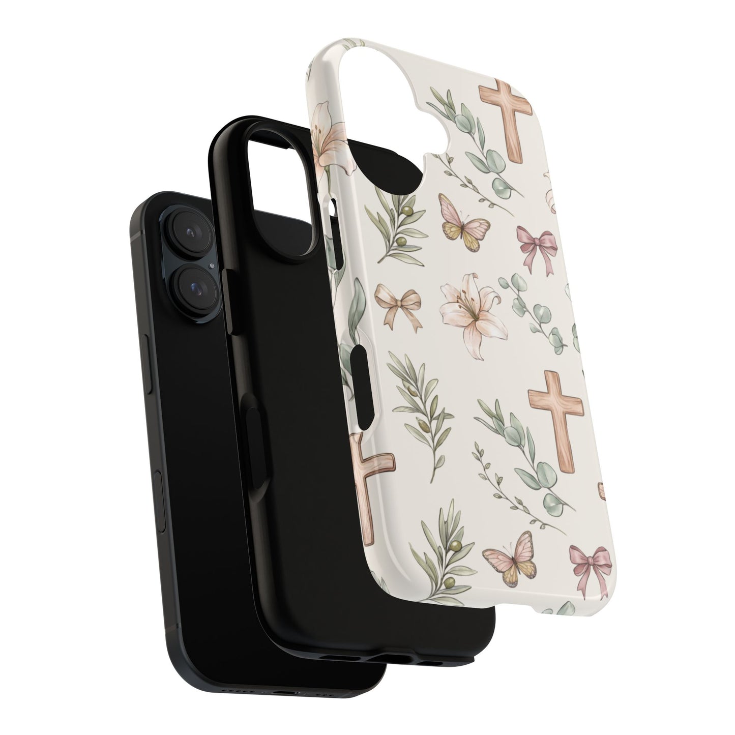 Floral Cross Tough Phone Case — Pastel Butterflies & Bows Christian Design