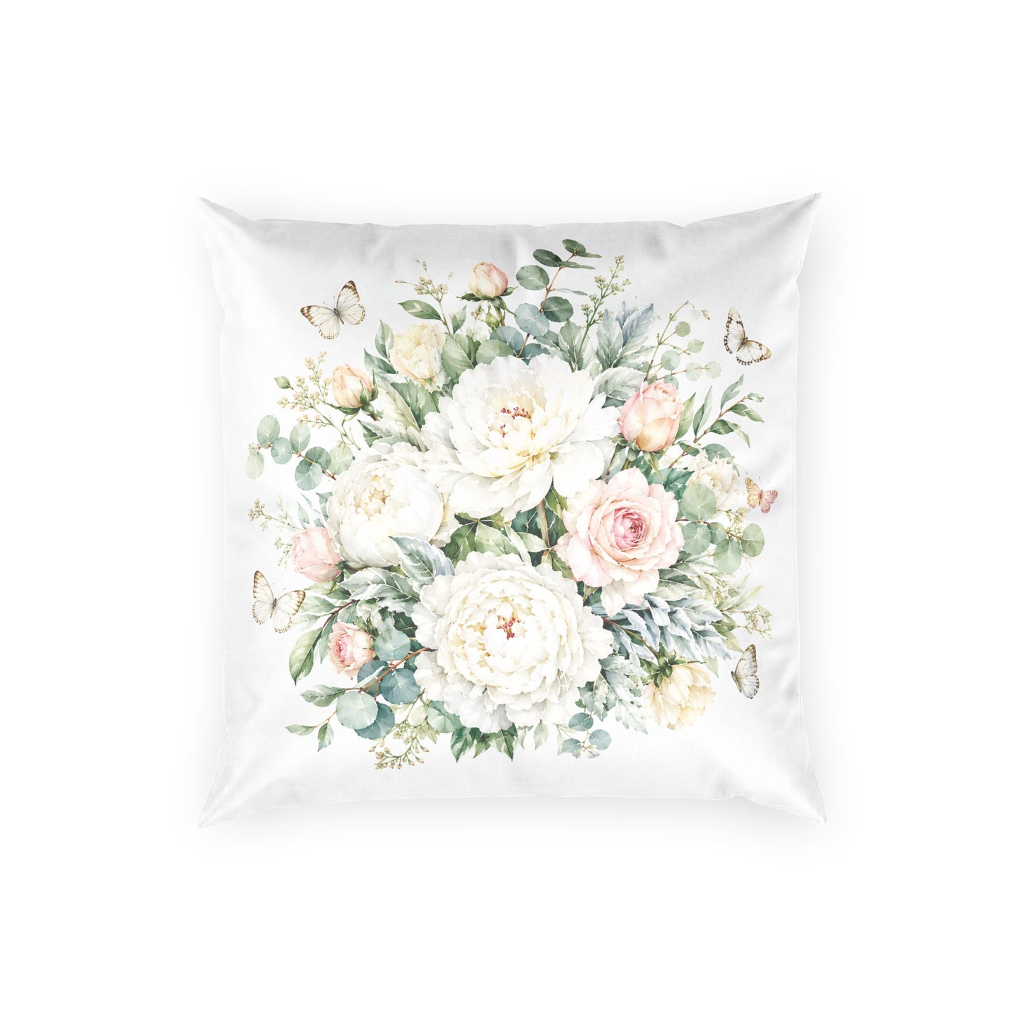 Floral Velvet Pillow — Soft White Peony Bouquet Throw Pillow